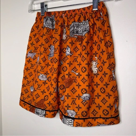 High Rise Orange Patterned Designer LV Shorts - Picture 3 of 5